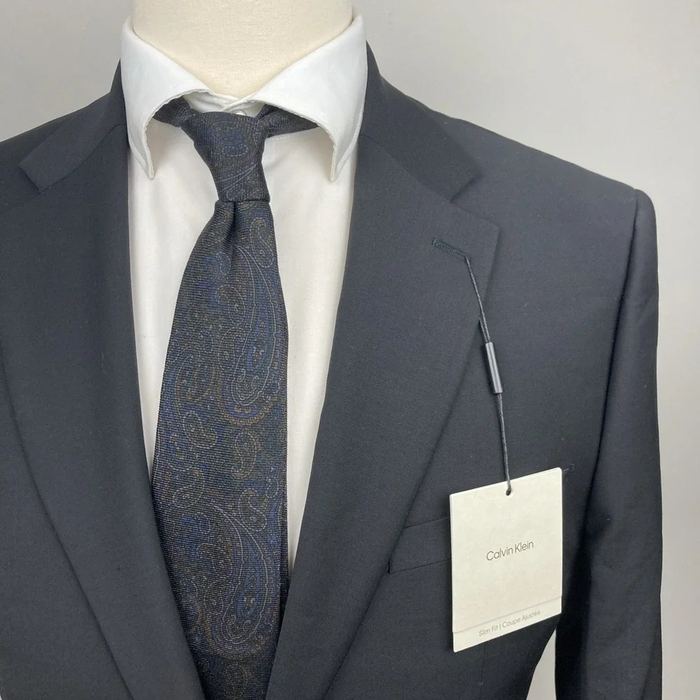 Calvin Klein Mens Slim-fit Suit Jacket Blazer 44S Black Solid Wool Blend